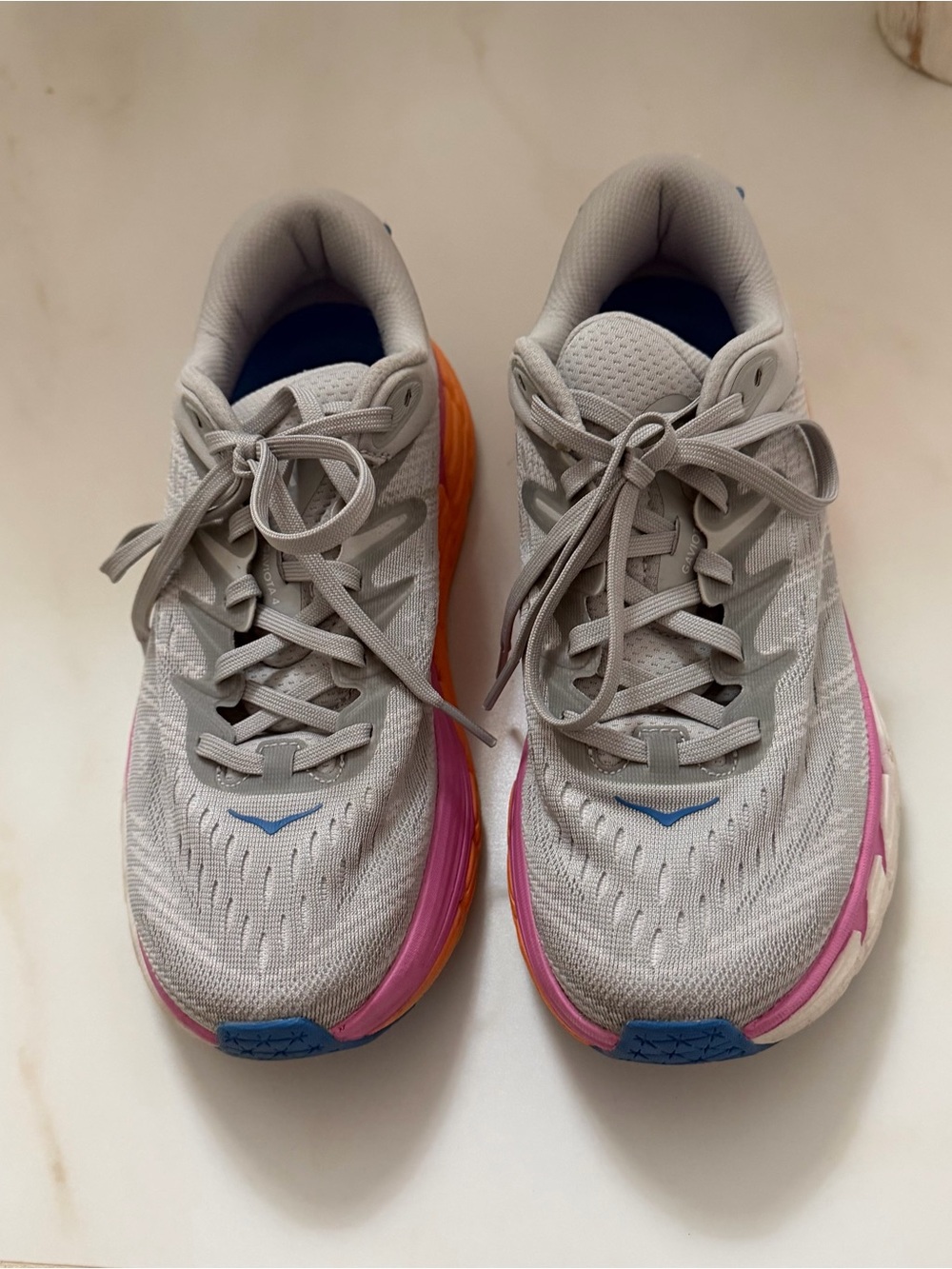 Neutral Gray Women's Running Shoes with Pink & Orange Accents